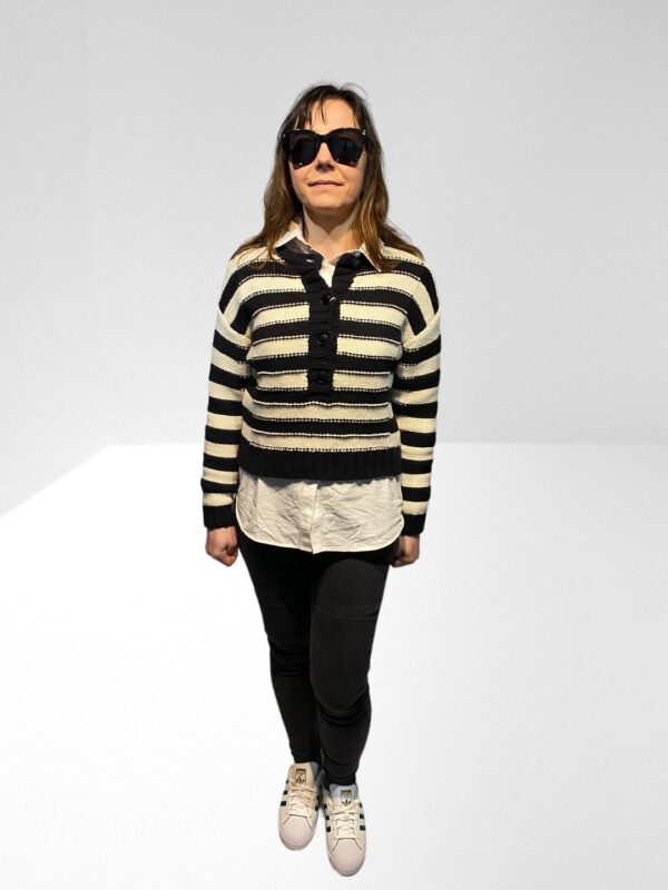 ALEXACHUNG WOMEN BLACK CRAFT STRIPED WOOL SWEATER (HXS) (BB24) - Image 7