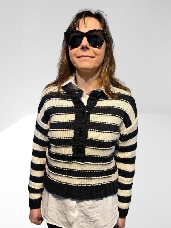 ALEXACHUNG WOMEN BLACK CRAFT STRIPED WOOL SWEATER (HXS) (BB24) - Image 8
