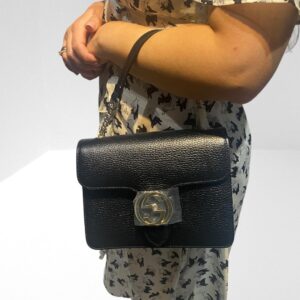 GUCCI INTERLOCKING GG BLACK LEATHER GOLD COLOUR CHAIN SHOULDER BAG (BB18)