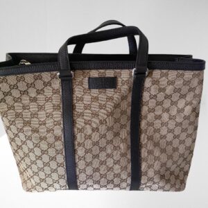 GUCCI BEIGE CANVAS / LEATHER LOGO PRINT MONOGRAM TOTE BAG (BB17)