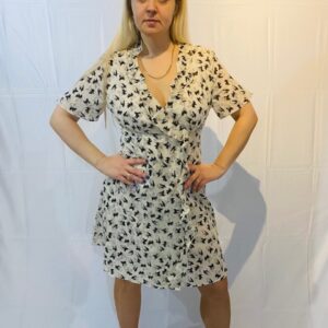 MAJE ROSELINE WHITE SHIRRED PRINTED CUPRA BLEND JACQUARD MINI DRESS (H12) (BB25) (BB56)