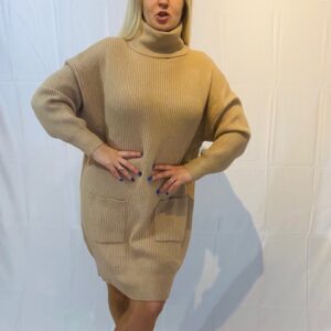 MANGO WOMEN BEIGE KNITTED TURTLENECK DRESS (H10)
