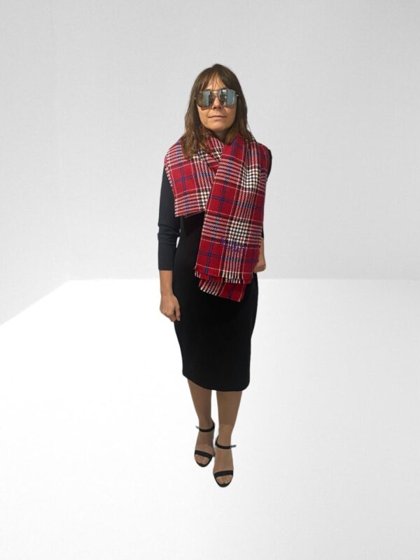 MULBERRY SCARLET RED CHECK AND STRIPES SCARF (C6) - Image 2