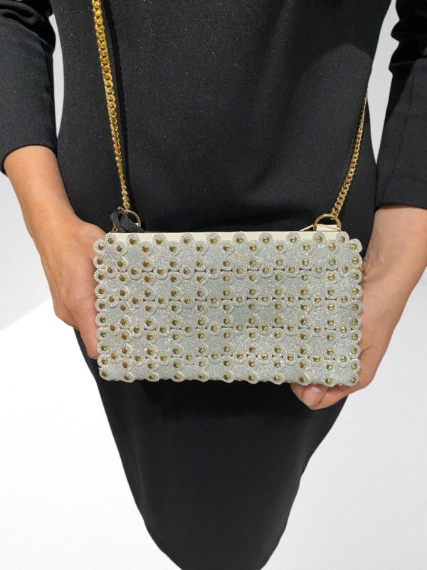RED VALENTINO FLOWER PUZZLE STUDDED GLITTERED LASER CUT SILVER LEATHER SHOULDER BAG (BB20) - Image 8