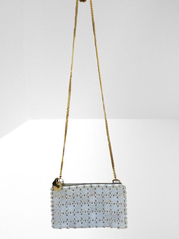 RED VALENTINO FLOWER PUZZLE STUDDED GLITTERED LASER CUT SILVER LEATHER SHOULDER BAG (BB20) - Image 6