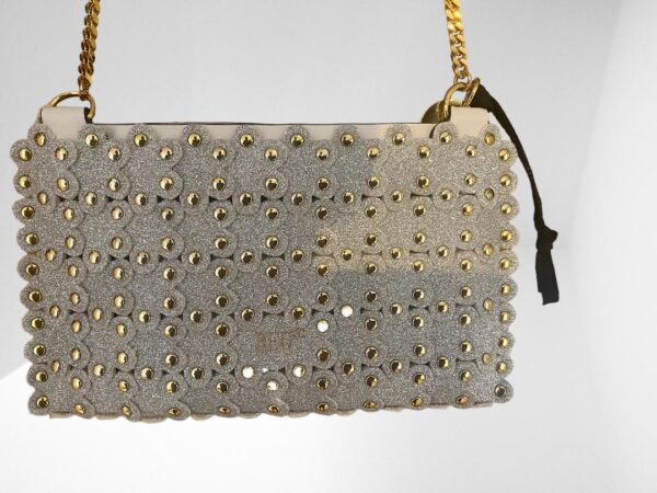 RED VALENTINO FLOWER PUZZLE STUDDED GLITTERED LASER CUT SILVER LEATHER SHOULDER BAG (BB20) - Image 5