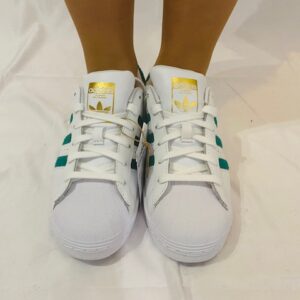 ADIDAS ORIGINALS SUPERSTAR GREEN STRIPED LEATHER SNEAKERS