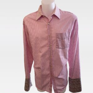 PAUL SMITH MENS PRE LOVED SIZE 17.5 PINK STRIPED CLASSIC FIT SHIRT WITH FLORAL CUFFS