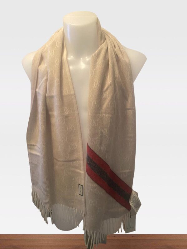 GUCCI BEIGE SCARF WITH GG MONOGRAM & RED & BLACK STRIPES (BB65) - Image 2