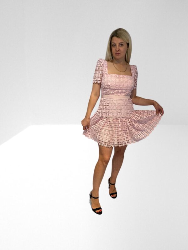 (DATE NIGHT CLOTHING & ACCESSORIES SUGGESTIONS) SELF PORTRAIT BLUSH PINK GROSGRAIN TRIMMED CORDED LACE MINI DRESS (H10) (BB37) (BB61) - Image 3