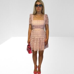 SELF PORTRAIT BLUSH PINK GROSGRAIN TRIMMED CORDED LACE MINI DRESS (H10) (BB37) (BB61)