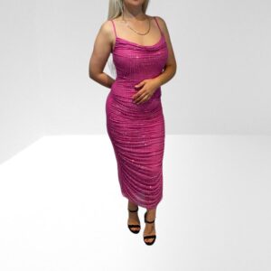 (DATE NIGHT CLOTHING & ACCESSORIES SUGGESTIONS) SELF PORTRAIT FUCHSIA PINK RUCHED CRYSTAL EMBELLISHED MESH MIDI DRESS (H10) (BB37)