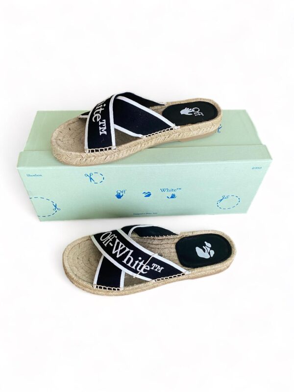 OFF WHITE CRISSCROSS LOGO EMBROIDERED CANVAS BLACK ESPADRILLE SANDALS (BOX NOT MINT)