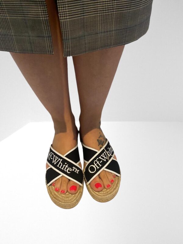 OFF WHITE CRISSCROSS LOGO EMBROIDERED CANVAS BLACK ESPADRILLE SANDALS (BOX NOT MINT) - Image 5