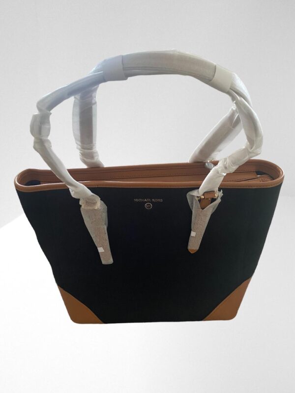 MICHAEL MICHAEL KORS ARIA BLACK LEATHER TRIMMED CANVAS TOTE BAG