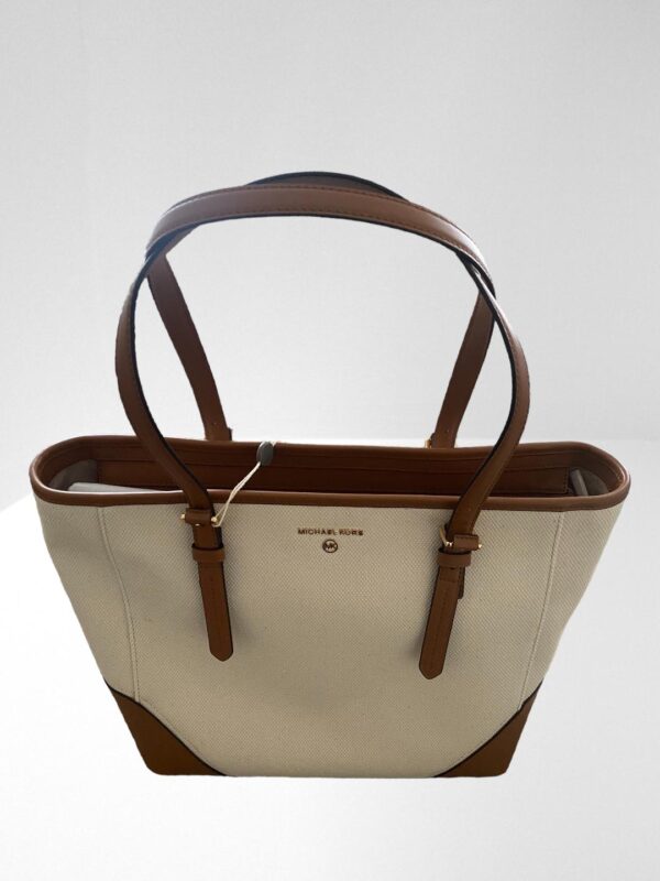 MICHAEL MICHAEL KORS ARIA ECRU LEATHER TRIMMED CANVAS TOTE BAG