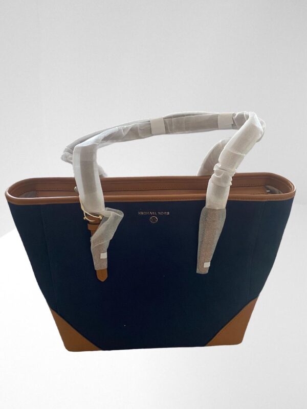 MICHAEL MICHAEL KORS ARIA NAVY LEATHER TRIMMED CANVAS TOTE BAG