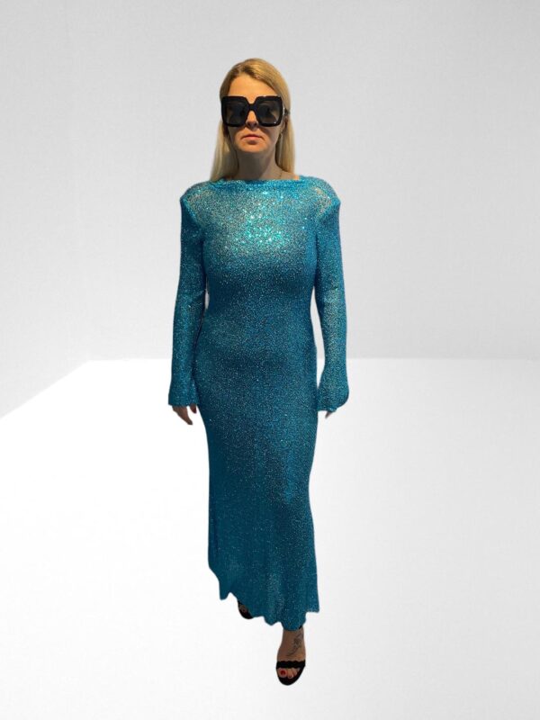 SELF PORTRAIT BLUE BEADED BACKLESS SEQUINNED MESH MAXI DRESS (H8) (BB61)