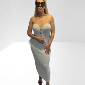 SELF PORTRAIT WHITE STRAPLESS RIBBED KNIT MIDI DRESS