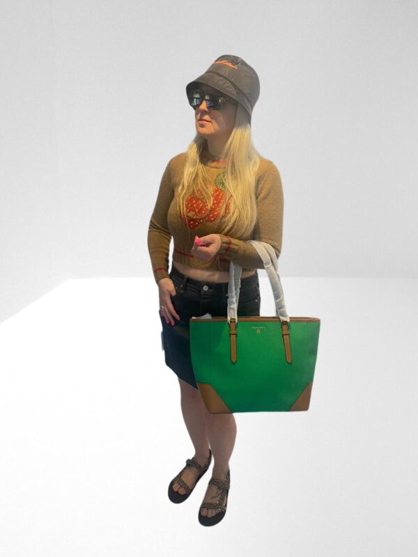 FLASH SALE, THIS IS NUMBER SEVEN OF TWENTY FIVE PRODUCTS THAT IS FURTHER REDUCED IN PRICE, MICHAEL MICHAEL KORS ARIA GREEN LEATHER TRIMMED CANVAS TOTE BAG - Image 6