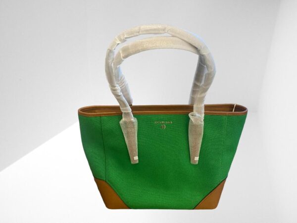 FLASH SALE, THIS IS NUMBER SEVEN OF TWENTY FIVE PRODUCTS THAT IS FURTHER REDUCED IN PRICE, MICHAEL MICHAEL KORS ARIA GREEN LEATHER TRIMMED CANVAS TOTE BAG