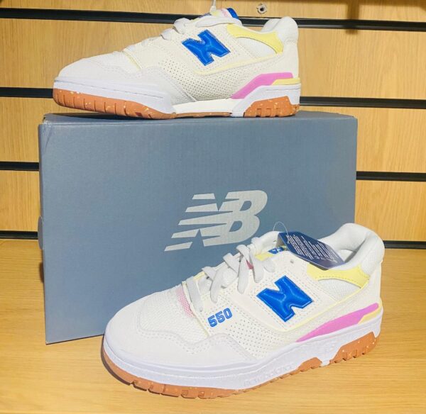 NEW BALANCE 550 WHITE / PINK / YELLOW / BLUE MESH AND SUEDE TRIMMED LEATHER SNEAKERS (REDUCED FURTHER FOR MARK ON TOE)